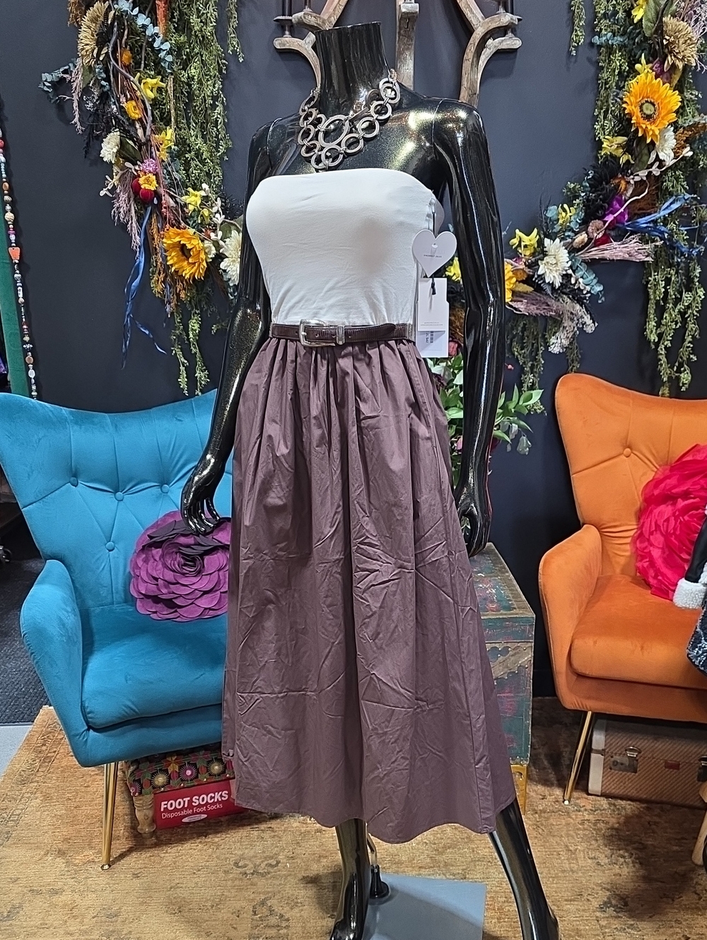 Sincerly Jules White Strapless Upper with Brown Midi Skirt w/ Pockets Maxi Dress